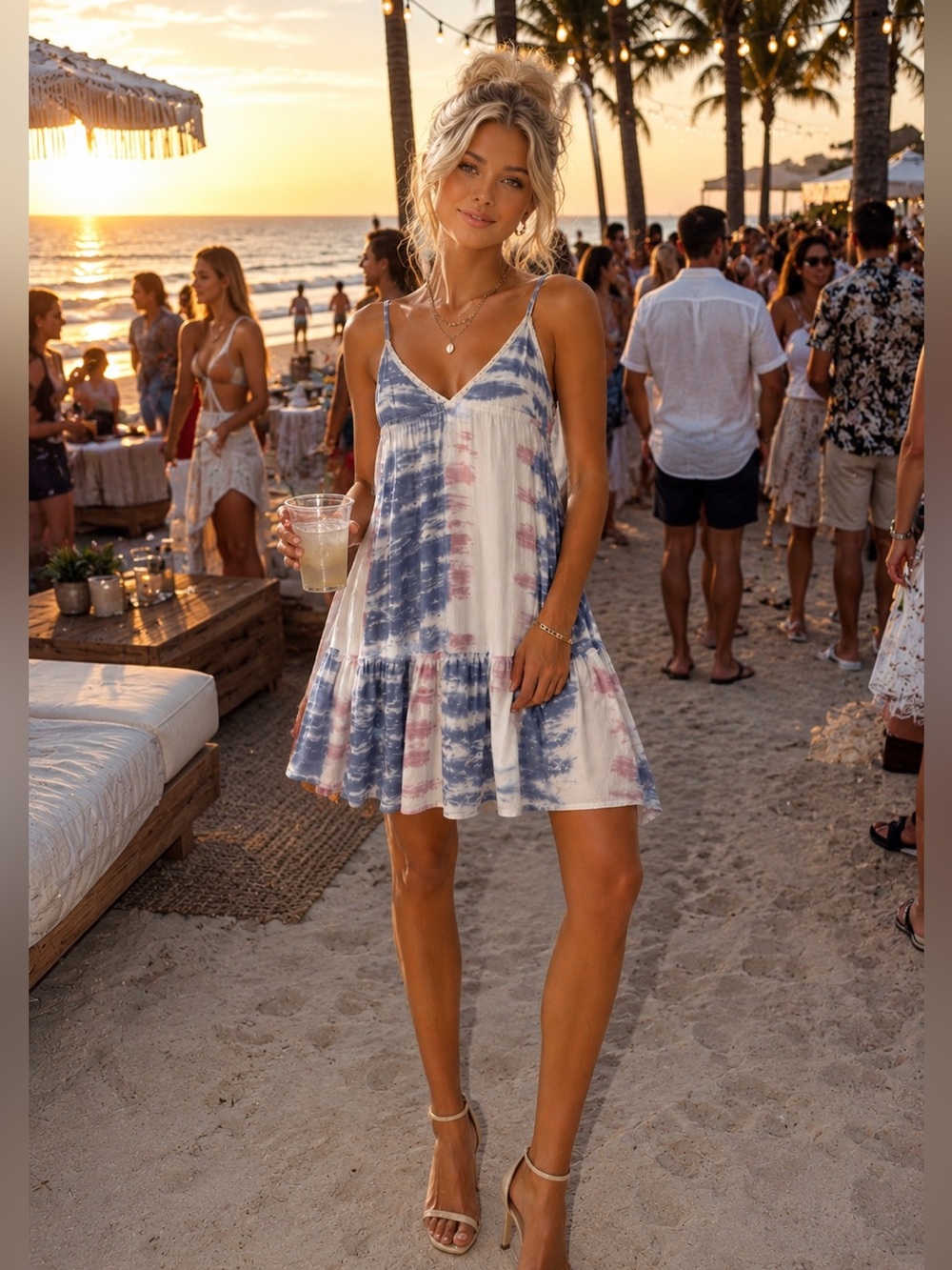 Boutique Boho Resort Dress Blue Tie Dye Flowy Babydoll Luxe Summer